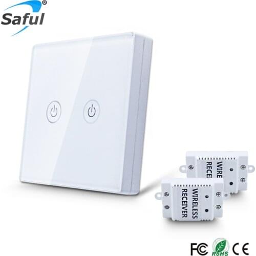 Saful 2 Gang 2 Way Switch Wireless Touch 110V-240V with Tempered Crystal Glass Panel Remote Control Power for Light Wall Switch