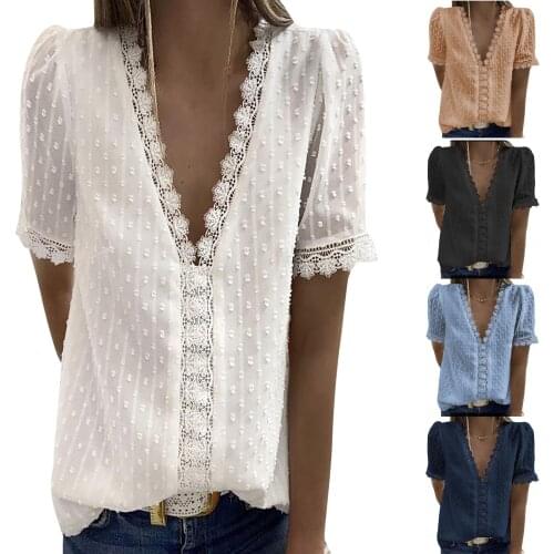 NEW High Quality Large Size Lace Women Blouses Summer Cotton Women Blouse Fashion Casual V-neck Short Sleeve Loose Women Shirts