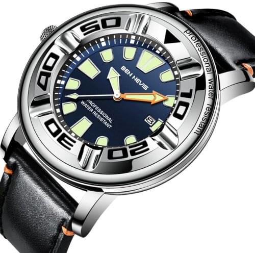 Fashion Leather Men Watches Top Brand Luxury Waterproof Blue Face Military Auto Date Quartz Wrist Watches Relogio Masculino