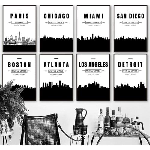 City Map Silhouette Black and White Canvas Painting Paris Boston Miami Chicago Atlanta Wall Art Posters Home Decoration Bedroom