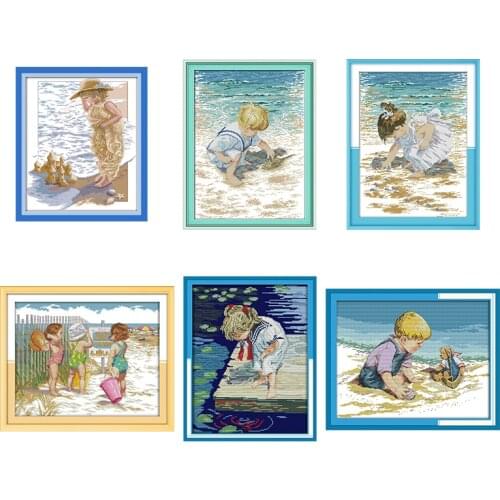 Kids on the Beach Cross Stitch Embroidery Kit DMC 14CT 11CT Counting Cross Stitch Set DIY Needlework Home decoration painting