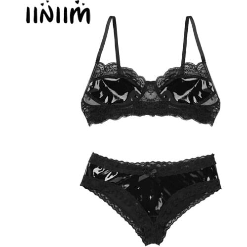 Adult Womens Lace Latex Exotic Lingerie Set Wire-free Unlined Bra with Open Crotch V-Back Crotchless Sissy Apparel Mini Briefs