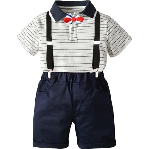 2021 Boys Casual Four-piece Clothes Set, White Short Sleeve Shirt + Shorts + Suspender + Bow Tie