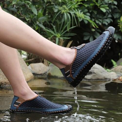 Genuine Summer Cow Leather Climbing Shoes Men Trekking Fishing Shoes Mens Breathable Air Mesh Sneakers Upstream Sport Shoes Man