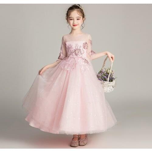 Girls Tulle Gown Flower Girls Dress For Weddings Summer Sweet O-neck Half-sleeve Lace Flower Dress Big Girls Long Ball Gown