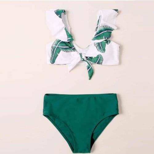 Toddler Kids Girls Swimwear 8-13 Years Old Palm Leave Print Two-piece Bikini Set Swimsuit Swimming Beachwear Beach Bathing Suit