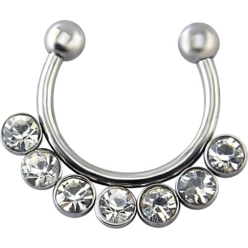 Fashionable False Nose Piercing Ring 7 Bling Crystal Fake Septum Clicker Piercing Stainless Steel Non Piercing Septum Jewelry