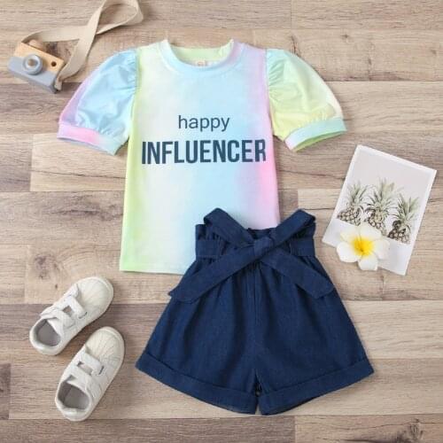 Two Piece Girl’s Clothes Fresh Tie-dye Letter Short Sleeve Tops and Solid Color Shorts with Waistband