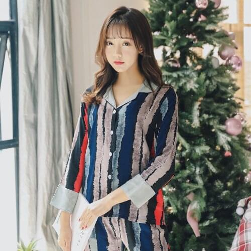 Autumn Products Comfortable Cotton Silk Womens Long-sleeved Pajamas Suit, Viscose Lapel Buckle, Casual Striped Ladies Home Wear