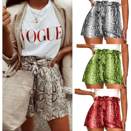 Plus Size Women High Waisted Stripe Snake Style Yoga Shorts Summer Casual Tie Belt Hot Shorts New Fashion Lady Red Sliver Green