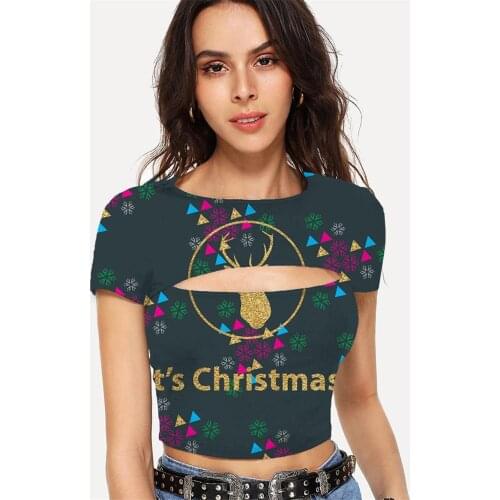Somepet Christmas T shirt Women Deer Hollow Out T shirts Animal Navel Bare Snowflake Tshirts Casual Womens Clothing Sexy Printed