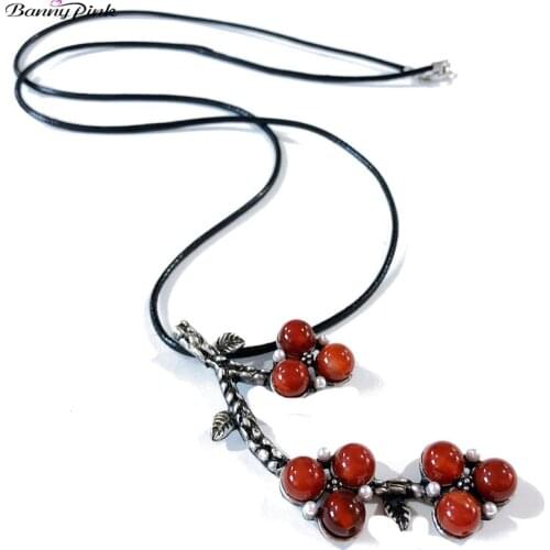 Banny Pink Chinese Style Plum Blossom Pendant Necklace For Women Vintage Stone Branch long Necklace Ethnic Fruit Sweater Chain