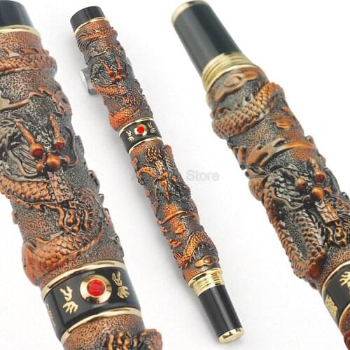 Jinhao Vintage Rollerball Pen Double Dragon Playing Pearl Metal Carving Embossing Heavy Pen Red Copper For Writing Pens