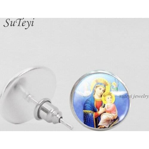 SUTEYI Fashion Round Glass Cabochon 12mm Jesus Earring Jesus Religion Zen Jewelry Glass art Photo Sliver Plated Stud Earrings