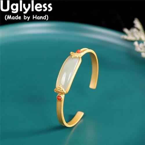 Uglyless Minimalism Ethnic Square Gemstones Bangles for Women Nature Agate Jade Bangles 925 Sterling Silver Vintage Jewelry Gold