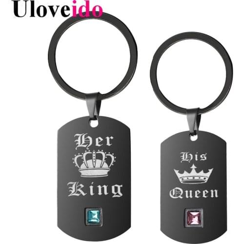 Uloveido Black Trinket 2 Pcs Couple Keychains "Her King,Her Queen" Key Chain Stainless Steel Keychain Fashion Accessories SN129