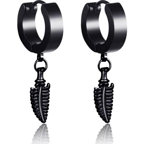 Punk Stainless Steel Leaves Pendants Men Womens Hoops Earrings Vintage Goth Small Black Statement Jewelry Earrings Wholesale