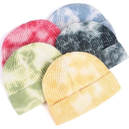 Tie-dyed cotton wool hat Beanie Skullcap Street Knitted Hat Women Men Acrylic Unisex Casual Solid Pumpkin Portable Melon Cap