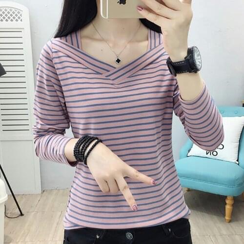 Poleras Mujer Striped Woman Tshirts Long Sleeve T Shirt Women 2021 New Autumn Tops V-Neck Cotton Korean Fashion Tee Shirt Femme
