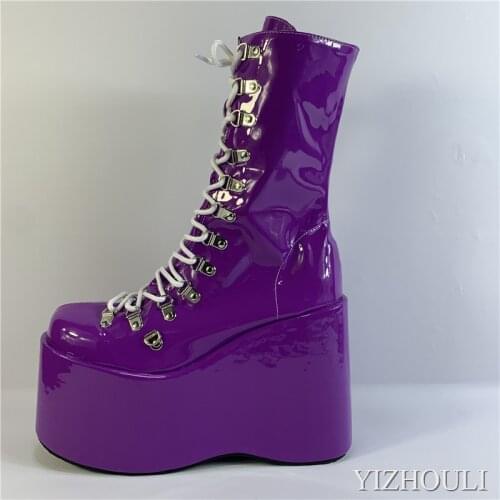 Womens wedge heel ankle boots, 12.5cm shiny vamp heels, thick soled model high heel stage zipper opening ankle boots