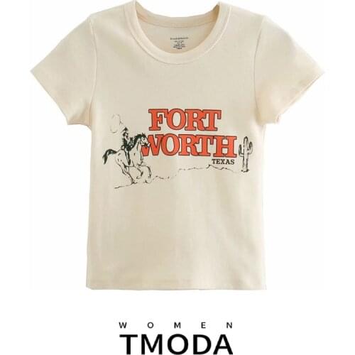 TMODA1575 2021 Summer Women Horse Riding Crop Top for Girls Short Sleeve Cotton Short Tee Fort Worth Letter T-Shirts Tops