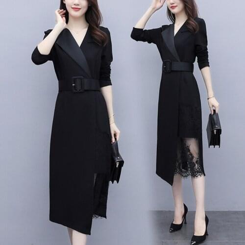 Women Fashion Lace Business Dress Belt Birthday Party Cocktail Office Ladies Work Wear Slim Casual Dress Clothes For 100KG Woman