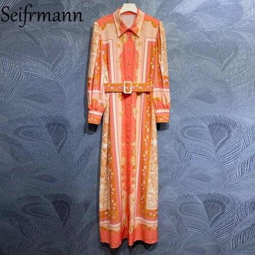 Seifrmann New 2021 Summer Women Fashion Runway Party Maxi Dress Lantern Sleeve Sashes Vintage Printed Loose Shirts Long Dresses