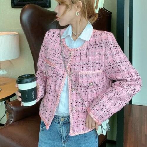 2021 New Autumn Winter Vintage Plaid Woolen Short Coat Ladies Casual Outerwear French Style Small Fragrance Tweed Jacket Coat