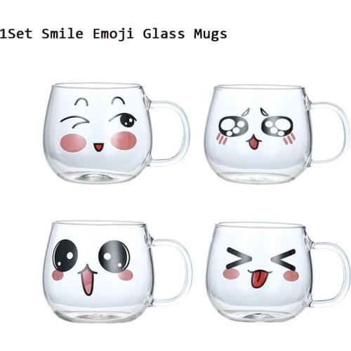 4Pcs/Set 150ml Cute Smile Face Glass Mugs Coffee Mug Milk Glass Tea Cups Gift For Kids Child Student