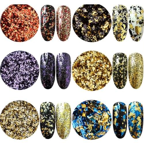 6Box=1Set Nail Art Glitter Gold Foil Paper Purple/Gold/Red/Black/Platinum/Blue Mix-Size Irregular Broken Nail Flakes Foils Paper