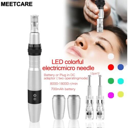 7 Color LED Light Photon Electric Derma Pen Microneedle Beauty Machine for Anti Scar Acne Wrinkle with 2pcs Rechargeable Battery