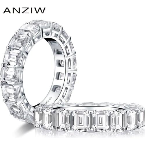 ANZIW 925 Sterling Silver Emerald Cut Full Eternity Ring for Women Sona Simulated Diamond Engagement Wedding Band Ring