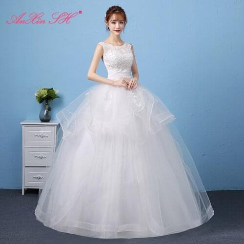 AXJFU princess flower lace white wedding dress party vintage o neck sleeveless ruffles bow beading ball gown wedding dress