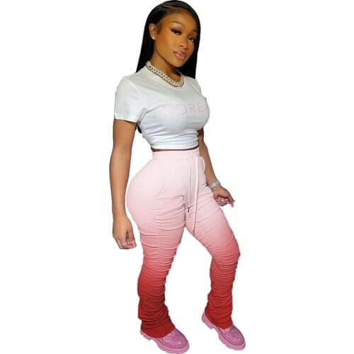 Casual Women Pants Gradient Color Pleated With Pocket Long Flare Trousers Joggers Women Sweatpants Women
