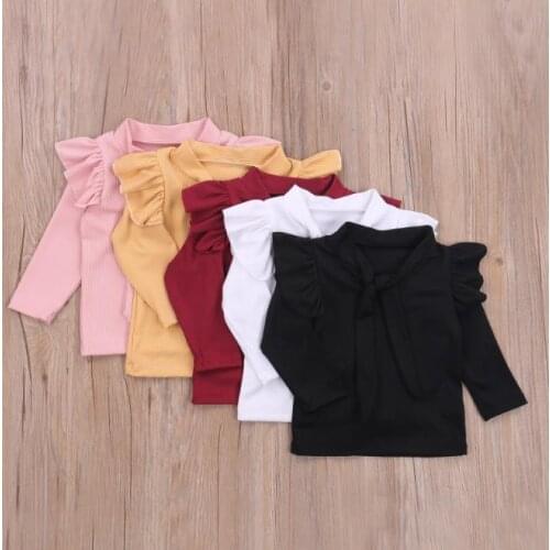 Girl Kids Children Solid Neckline Bow T-Shirts Tops Round Neck Long Sleeve Pullover T-Shirts for Kids