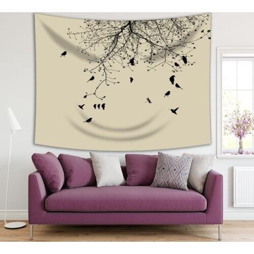 Tapestry Tree Branches with Leaf Buds and Birds Spring Days Nature Life Beige and Black Photograph Printed