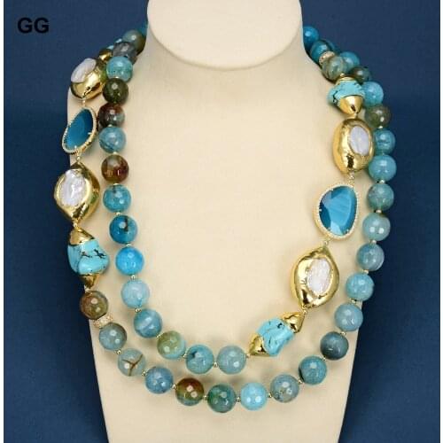 GuaiGuai Jewelry Natural Blue Faceted Agates Gold Plated Blue Turquoises Cultured White Keshi Pearl CZ Paved Crystal Necklace