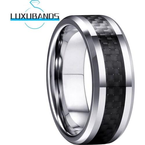 8MM Womens Mens Tungsten Carbide Rings Beveled Edges Black Carbon-Fiber Inlay Polished Finished Comfort Fit