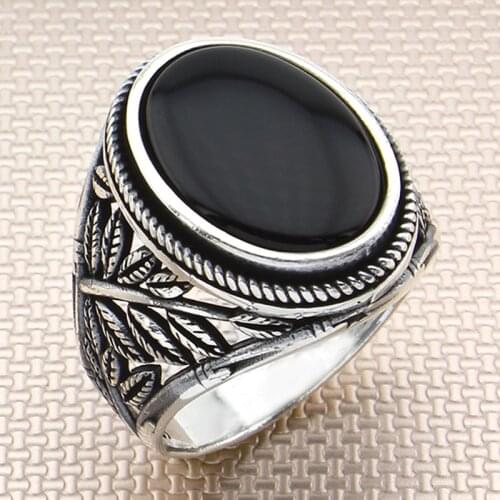 925 Sterling Silver Ring Vintage For Mens Original Black Onyx Stone Patterned Handmade Turkish Jewelry