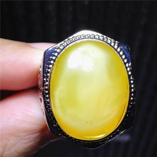 Natural Yellow Amber Gemstone Adjustable Ring 925 Sterling Silver 22x17mm Women Men Big Size Ring Oval Bead Healing Stone AAAAA