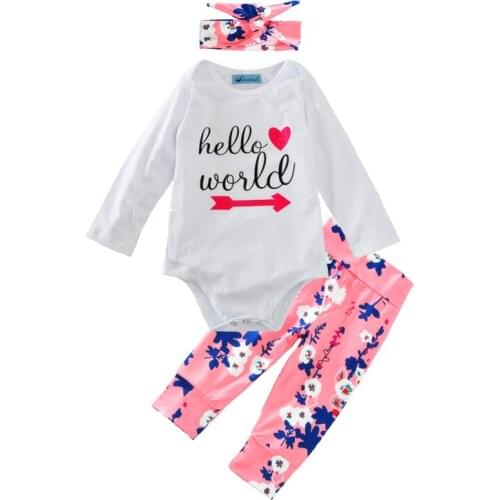 Baby girls clothing set 3pcs arrow letter romper+flowers pants+bow headband girl clothes 2017 fashion toddler girl clothing sets