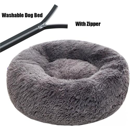 Round Plush Dog Bed with Zipper House Dog Mat Winter Warm Sleeping Cats Nest Soft Long Plush Dog Basket Pet Cushion Portable