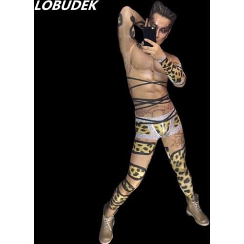 Leopard Printing Big Stretch Spandex Jumpsuit Sexy Male Nightclub Pole Dancing Performance Costume Bar Party DJ Teams Stage Wear