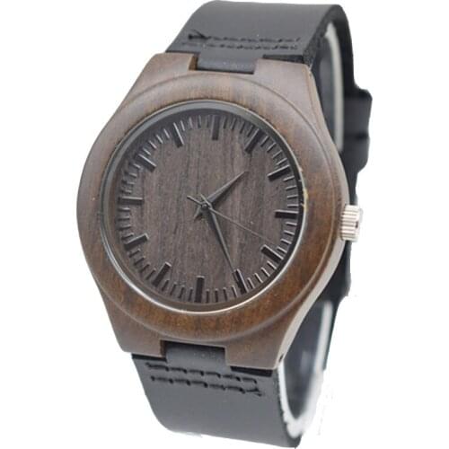 Fashion Women Wooden Watch Black Sandalwood Wristwatch With Genuine Cowhide Leather Watchband