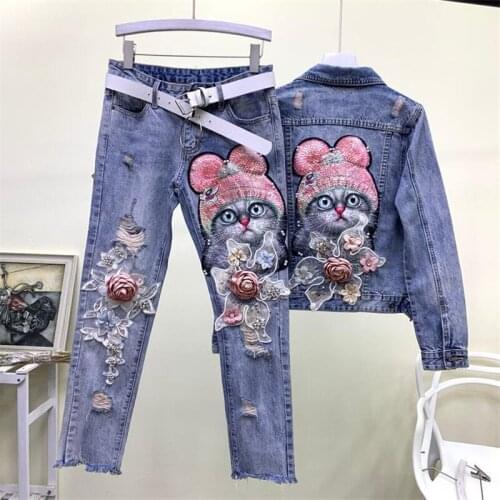 Fashion Beading Cartoon Cat Denim Sets Female Jeans Jacket Pencil Pants Two Piece Set Women Embroidery Flowers Holes Denim Suit