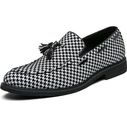 New Design Houndstooth Mens Dress Shoes Spring Autumn Tassel Decoration Male Loafers Slip-on Faux Leather Moccasin Plus Size 48