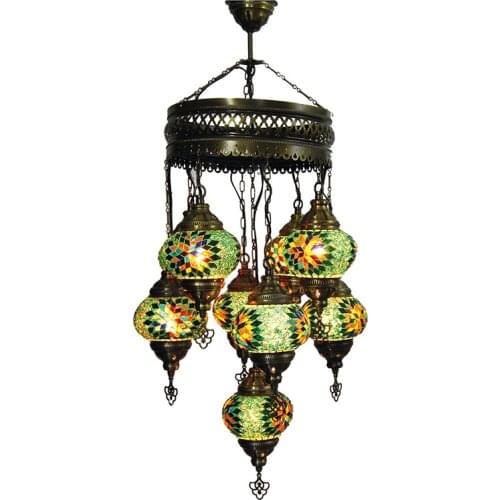 Mosaic Chandeliers, Unique lampi, Turkish Lighting 7 Globe Turkish Chandeliers, Amazing pendant Lamp, Nostalgia Home Decoration