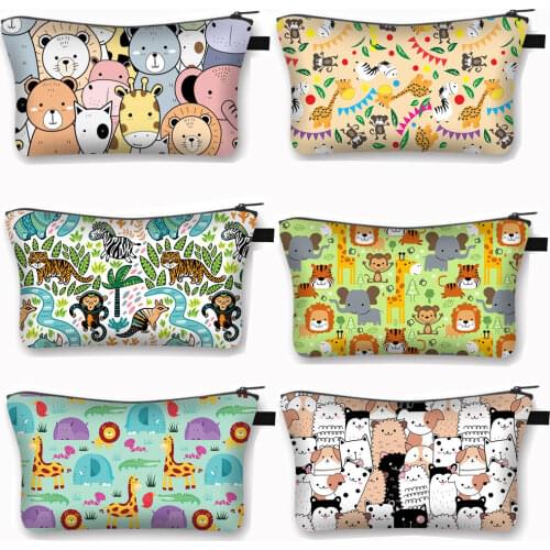 Cartoon Animal Dog Lion Tiger Monkey Giraffe Print Cosmetic Case Kawaii Makeup Bags Teenager Girls Beauty Bag Cosmetic Pouch Bag