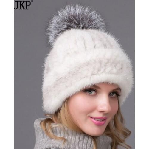 Real natural Mink fur Knitted Hats with fox fur ball High Quality Earflap Hat Women Winter Warm Solid Caps BZ-10