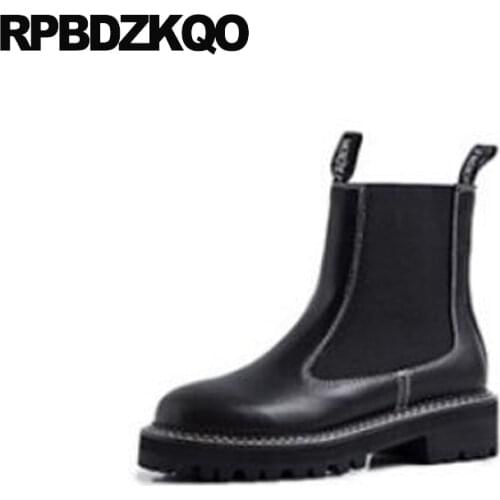 Genuine Leather Slip On Winter Suede Women Ankle Boots 2021 Round Toe Block British Female Shoes Short Chelsea Chunky Black